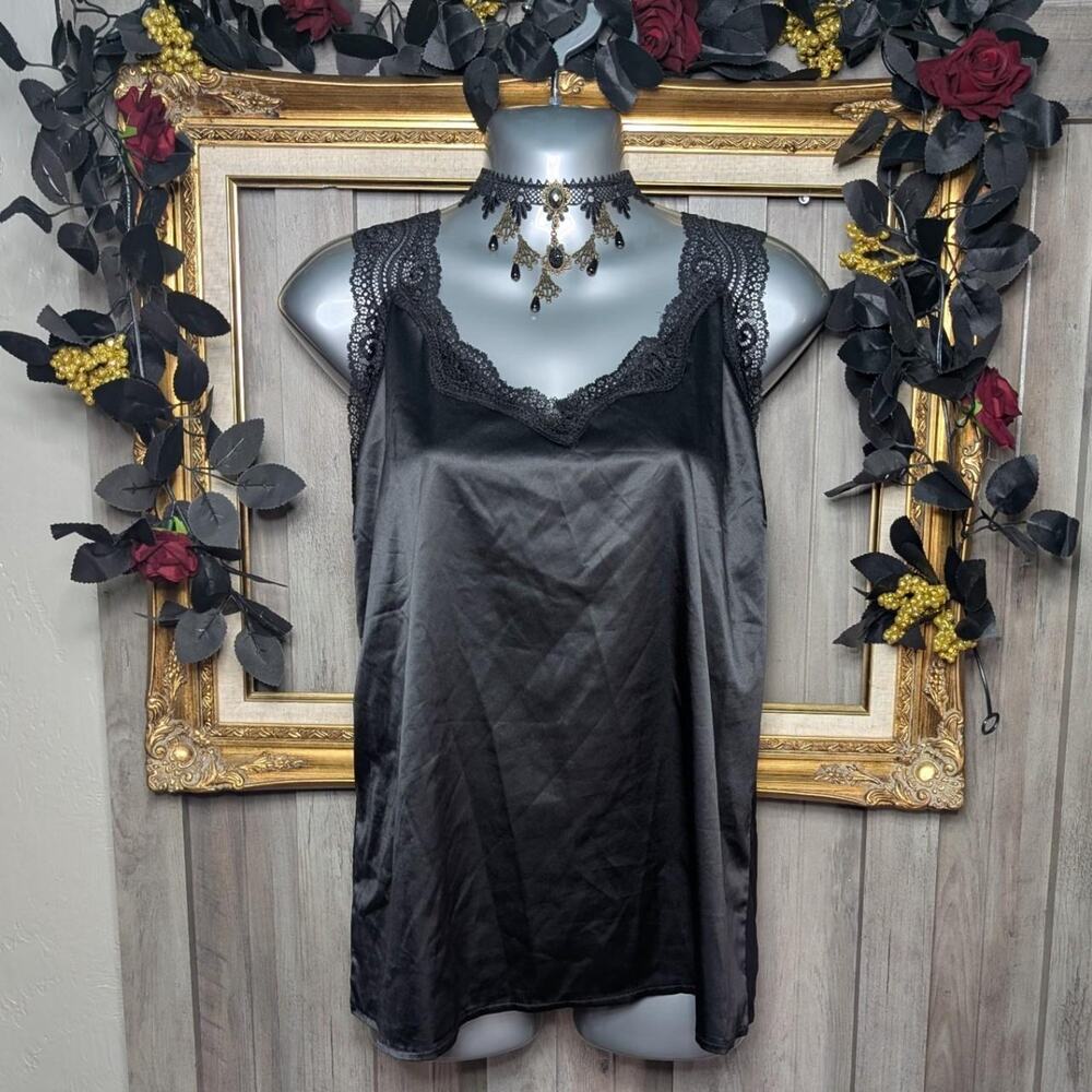 Black satin and sheer lace cami tank top L-XL